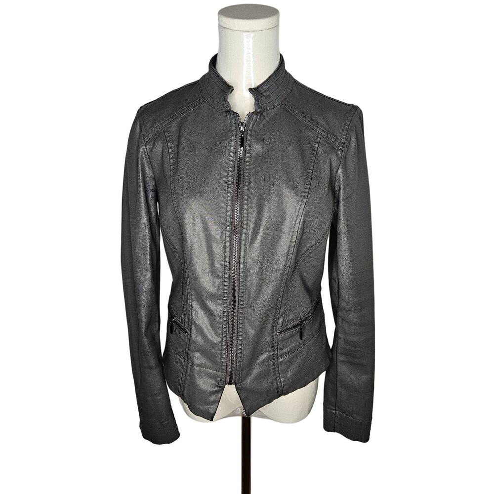 White House Black Market Gray Faux Leather Zip Front Jacket